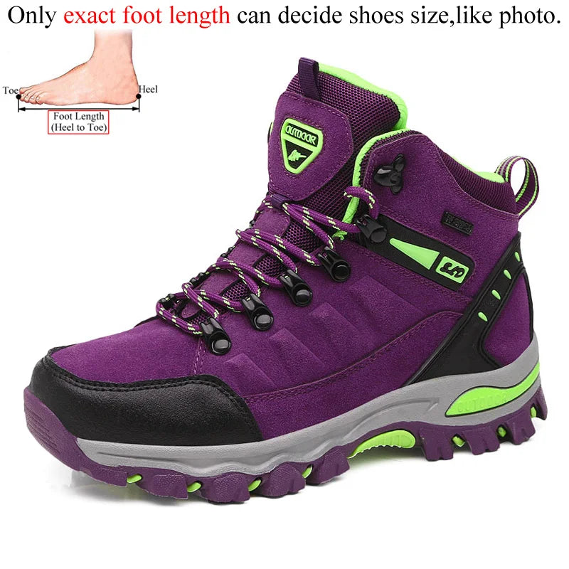 The Ten Essentials Women’s Winter Trekking Boots in purple and black with green accents are ideal for outdoor adventures, featuring a thick treaded sole and colorful laces. An above diagram emphasizes accurate foot measurement for proper sizing of these durable hiking and climbing shoes.