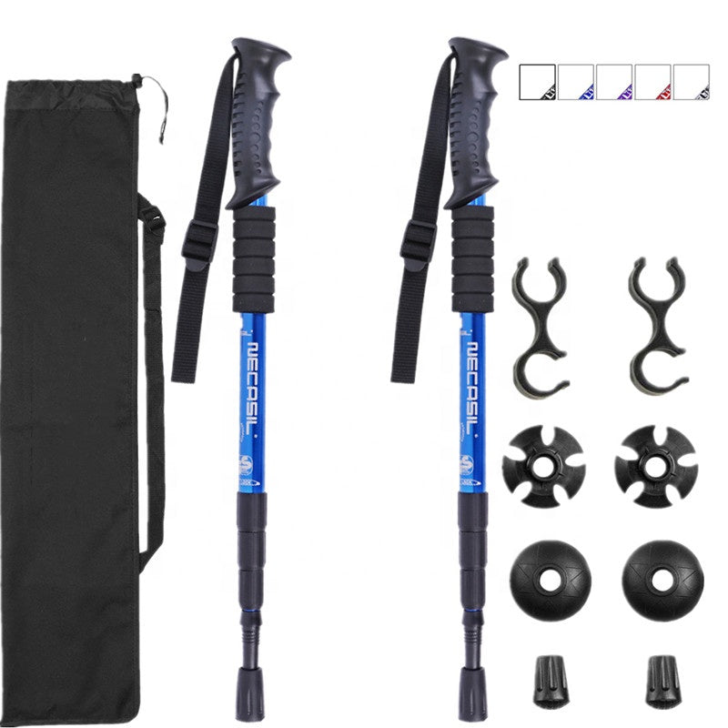 Modalysts Adjustable Aluminum Trekking Poles feature black ergonomic handles and come with interchangeable tips, snow and mud baskets, and a black carrying bag. Perfect for outdoor adventures with anti-shock design and adjustable lengths, it includes an instruction card.