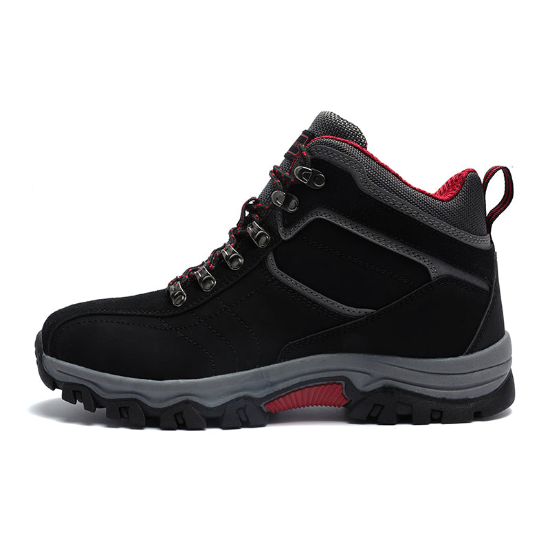 The black hiking boots from My Store feature gray and red accents, metal eyelets, and a thick anti-slip rubber sole. Their padded red interior offers cushioning for comfort and traction on rugged terrain. These breathable waterproof sneakers are perfect for all-terrain adventures.