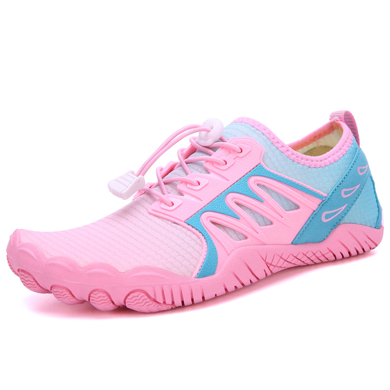 Make a splash with Modalysts Barefoot Quick Dry Beach Pool Aqua Shoes for men—a colorful style perfect for water activities. Featuring a unique blue and pink design, elastic laces with a toggle, light pink toe and wavy sole, these shoes are ideal for Barefoot Beach or the pool.