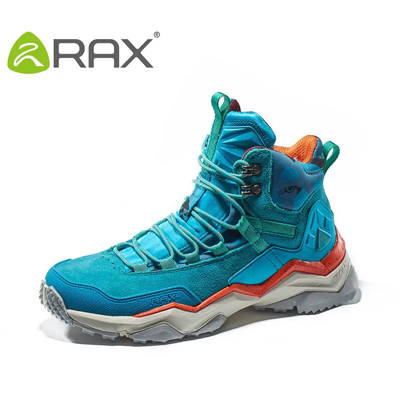 The RAX Womens Waterproof Hiking Boots by Ten Essentials feature a turquoise exterior, orange interior, and gray antislip rubber outsole, all on a white background. A lightweight design with black laces, silver eyelets, and the distinctive RAX logo in the top left corner for added style.