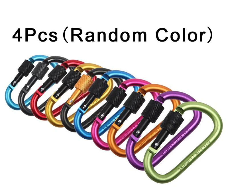 Ten Essentials 4-Piece Aluminum Carabiner Travel Kit features colorful alloy carabiners in black, blue, orange, purple, pink, red, and green with black locks. This multi-purpose set includes random colors and is perfect for adventurers who love camping and hiking.