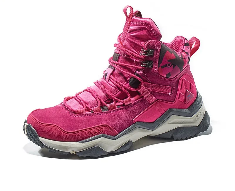 Introducing the Ten Essentials RAX Womens Waterproof Hiking Boots: vivid pink with black accents and a geometric sole. Perfect for outdoor sports, this high-top boot boasts detailed lacing, textured tread, an antislip rubber outsole, and a RAX logo on the top left corner.