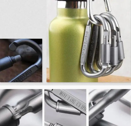 The Ten Essentials 4-Piece Aluminum Carabiner Travel Kit includes a green bottle and multiple alloy carabiners with spring-loaded gates. Engravings state, NOT FOR CLIMBING, making it a practical addition for camping or hiking.