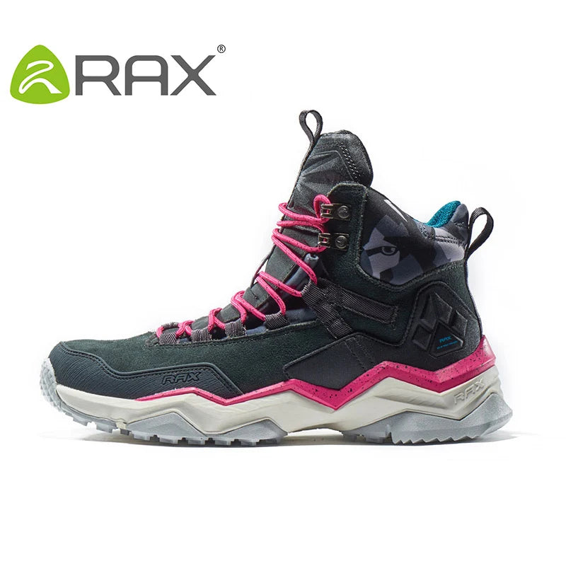 The Ten Essentials RAX Womens Waterproof Hiking Boots offer a lightweight, high-top design featuring a black and gray upper with pink laces, a white rugged sole, geometric ankle patterns, an antislip rubber outsole for secure footing, and the RAX logo on the tongue and side.