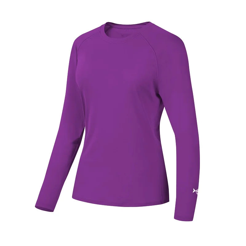 The Bassdash Womens UPF 50+ Long Sleeve Performance Shirt by Ten Essentials features moisture-wicking fabric and 4-way stretch technology for peak performance, while the crew neck style and small white logo near the left cuff add flair. Ideal for fishing or hiking with sun protection.