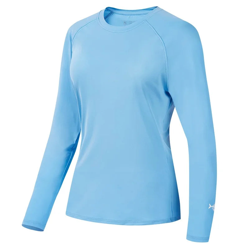The Ten Essentials Bassdash Womens UPF 50+ Long Sleeve Performance Shirt, in light blue with a round neck, is shown on a white background. Made from smooth, lightweight fabric, it offers excellent sun protection and has a small logo near the wrist on the lower sleeve. Ideal for fishing and hiking.