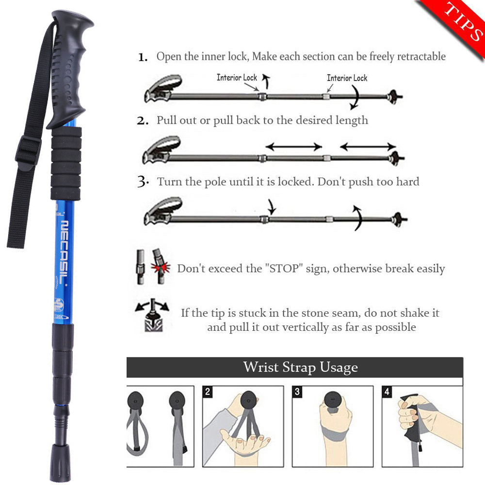 Modalysts Adjustable Aluminum Trekking Poles Pair comes with an instructional diagram to adjust them: unlock, extend, and lock sections; heed the STOP mark warning; free stuck tips; and properly use wrist straps—ideal for outdoor adventures.