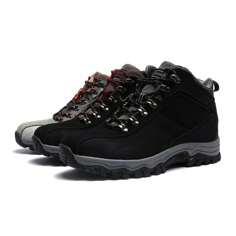 Three pairs of My Stores Breathable Waterproof Hiking Sneakers are arranged side by side. These anti-slip, all-terrain outdoor shoes are primarily black, with one pair sporting breathable waterproof fabrics in gray and orange accents and another featuring a light gray toe against a plain white background.