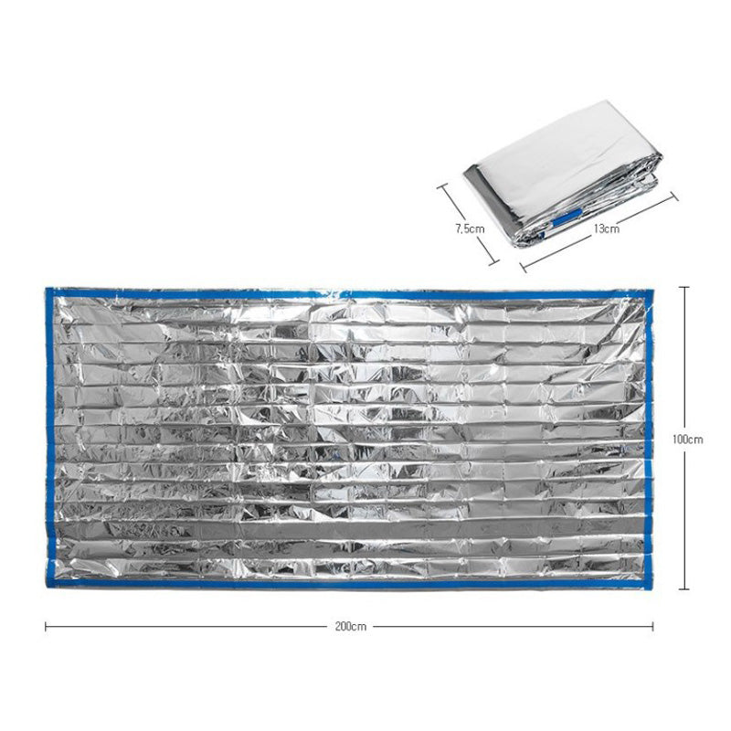 Image of a folded and unfolded Custom Outdoor Thermal Bivvy Survival Waterproof Emergency Sleeping Bag by Modalyst, with blue edges. Unfolded size is 200x100 cm, and the compact folded size is 13x7.5 cm, perfect for emergency use.