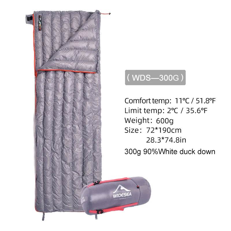 The Ten Essentials Widesea Ultralight Down Sleeping Bag features duck down filling, a comfort temp of 11°C/51.8°F, and a limit of 2°C/35.6°F. Weighing 600g and measuring 72*190cm, it is crafted from waterproof nylon fabric and includes a compact packed view for convenience.