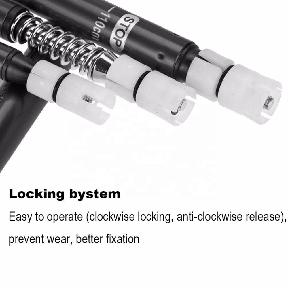 Close-up of Modalysts Adjustable Aluminum Trekking Poles’ locking system, with metal rods and white plastic components. The system is easy to use, featuring clockwise locking and anti-clockwise release, ideal for adjusting length during outdoor adventures.