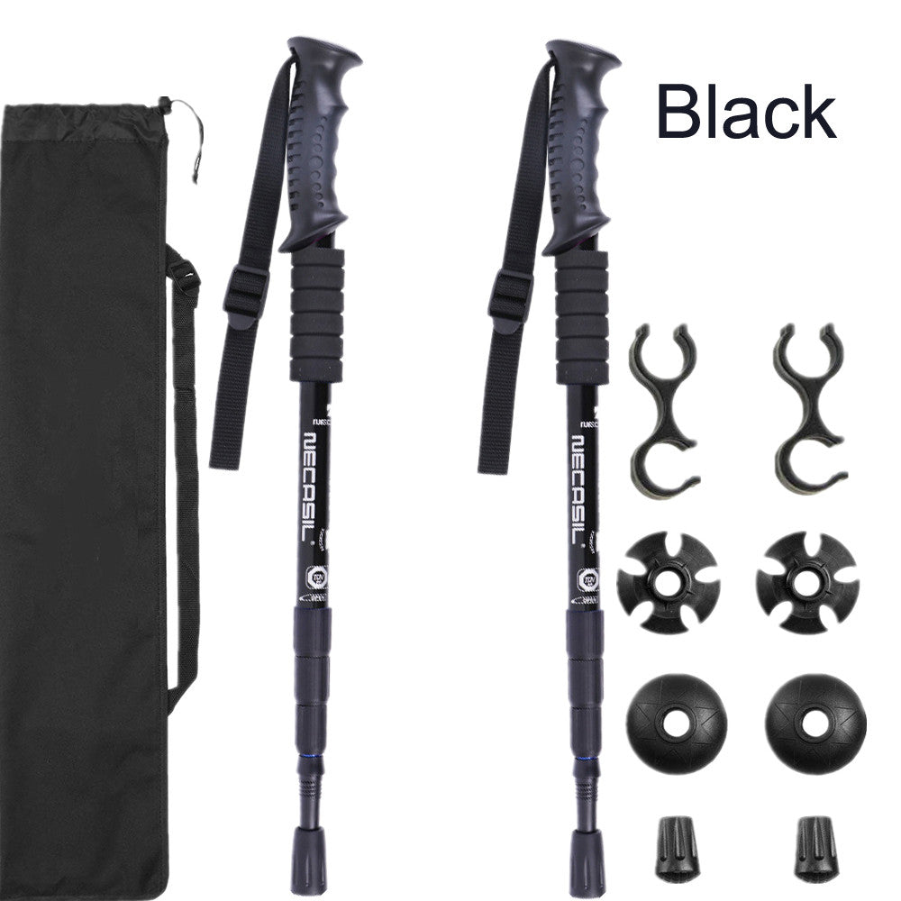 Modalysts Adjustable Aluminum Trekking Poles are designed for outdoor adventures. This black pair features ergonomic handles, adjustable straps, multiple attachments like rubber tips and baskets, and comes with a black carrying case with “Black” in the top right corner.