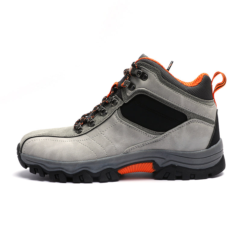 The My Store Breathable Waterproof Hiking Sneakers are rugged outdoor shoes featuring a gray upper with black and orange accents, anti-slip thick black sole with deep treads, metal lace hooks, and a padded orange interior for excellent cushioning on all terrains.