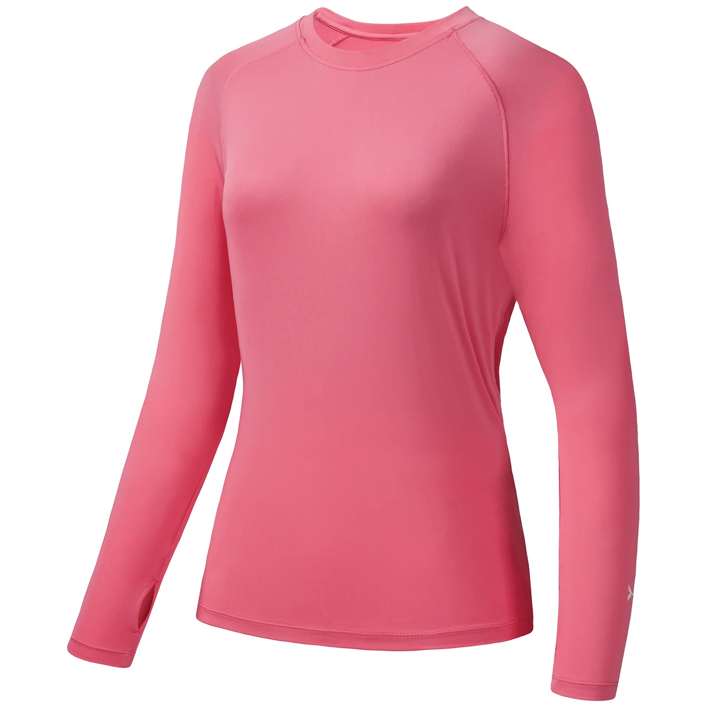 The Ten Essentials Bassdash Womens UPF 50+ Long Sleeve Performance Shirt features a pink color, crew neck, and thumbholes. Made from moisture-wicking fabric with 4-way stretch, it offers a fitted design perfect for athletic performance and sun protection during fishing or hiking.