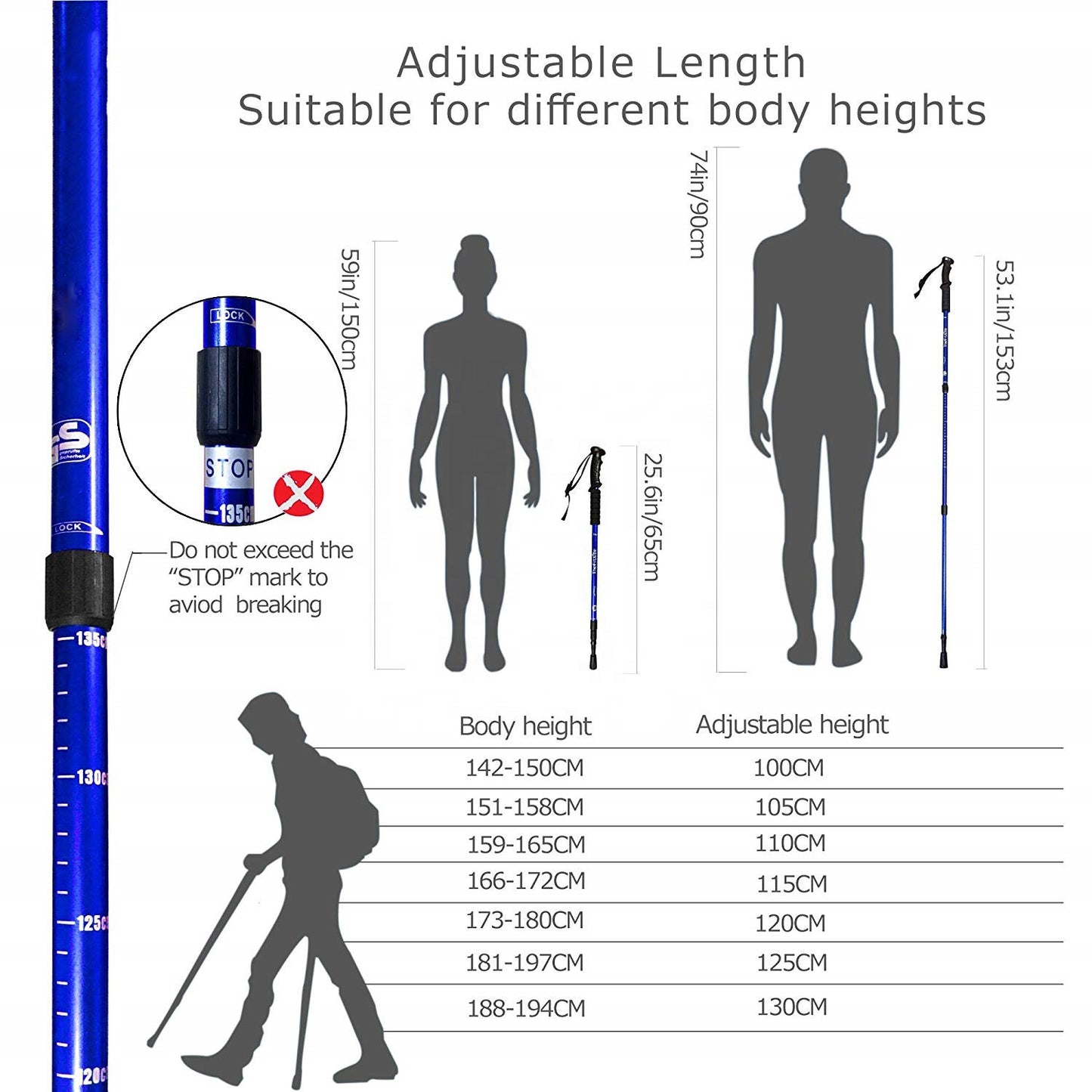 Image featuring Modalysts Adjustable Aluminum Trekking Poles. A STOP marking prevents overextension, and diagrams suggest lengths of 100-135cm for users 142-199cm tall, making them ideal companions for outdoor adventures.