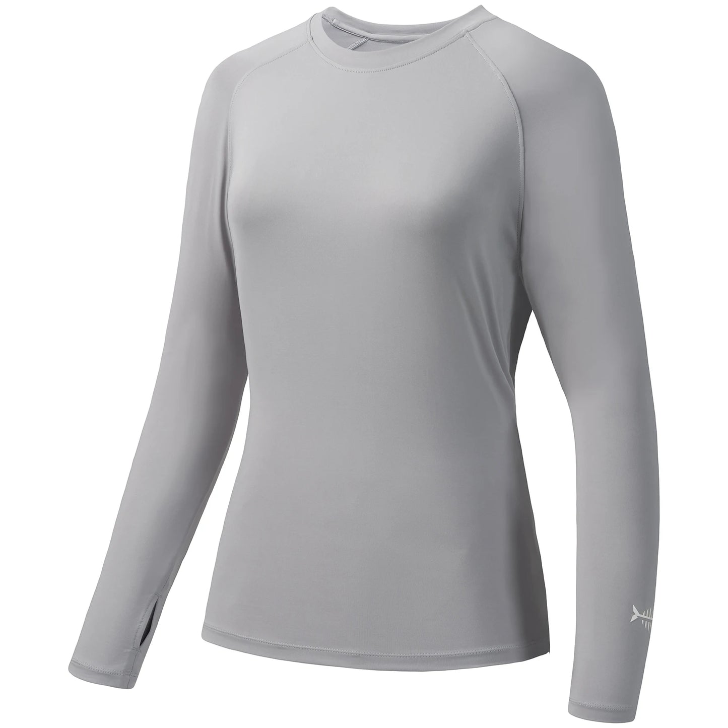 Bassdash Womens UPF 50+ Long Sleeve Performance Shirt by Ten Essentials offers sun protection for fishing and hiking. Featuring a gray, moisture-wicking fabric with thumbholes, this shirt has a smooth texture and a crew neckline. A small white logo is found on the left wrist.