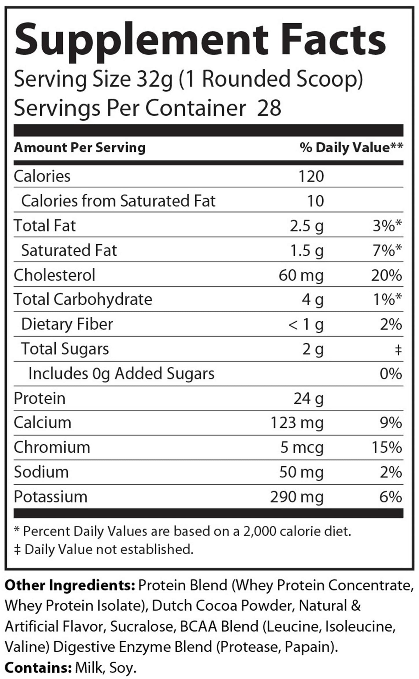 The nutrition label for PureEx Absolute Whey - Chocolate by Purex Nutrition details each 32g serving with 28 servings per container. It offers 120 calories, 2.5g fat, 60mg cholesterol, 4g carbs, and 24g protein to support muscle recovery. It also lists vitamins, BCAAs, and ingredient details.