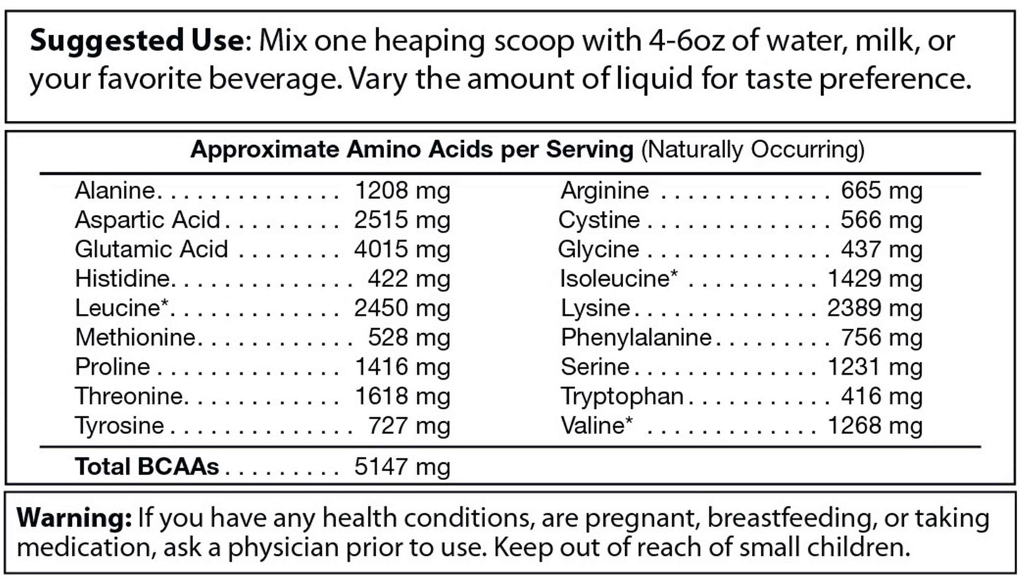 The nutritional label for PureEx Absolute Whey - Vanilla by Purex Nutrition lists approximate amino acids like Alanine and Arginine per serving, promoting muscle recovery. Mixing instructions and a health warning are provided at the top and bottom.