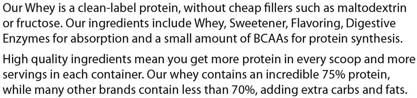 PureEx Absolute Whey - Vanilla by Purex Nutrition offers 75% protein content, exceeding many competitors. It contains only pure whey, sweetener, natural flavoring, and digestive enzymes to boost absorption and support muscle recovery with essential amino acids without using cheap fillers.