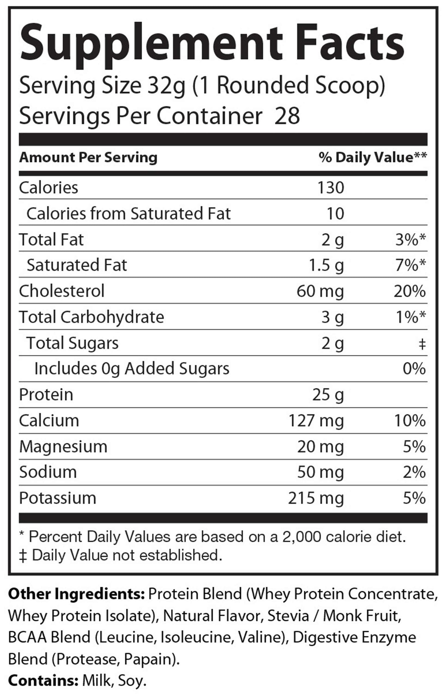 The supplement facts label for PureEx Absolute Whey - Vanilla by Purex Nutrition notes a serving size of 32g and 28 servings per container. It details calories, fat, cholesterol, sodium, potassium, amino acids from a whey protein blend, and sweeteners to aid muscle recovery.