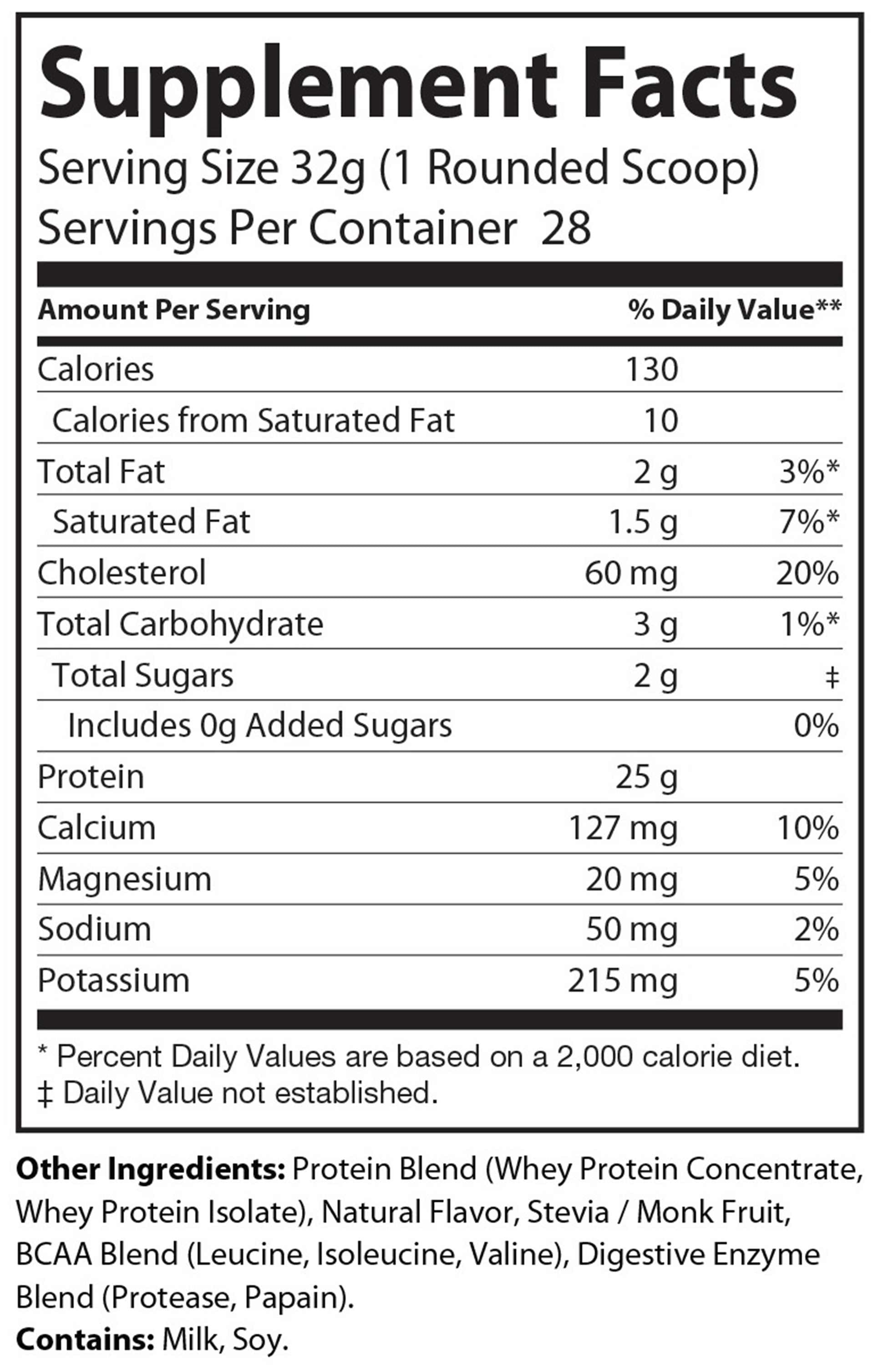The supplement facts label for PureEx Absolute Whey - Vanilla by Purex Nutrition notes a serving size of 32g and 28 servings per container. It details calories, fat, cholesterol, sodium, potassium, amino acids from a whey protein blend, and sweeteners to aid muscle recovery.