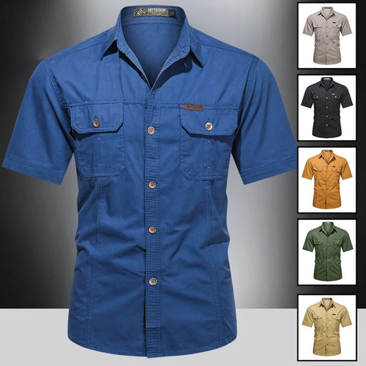 The Ten Essentials Men’s Quick-Dry Tactical Shirt is a blue, short-sleeve button-up with a breathable, military-inspired design. It has two chest pockets with buttons and comes in gray, black, yellow, green, and beige.