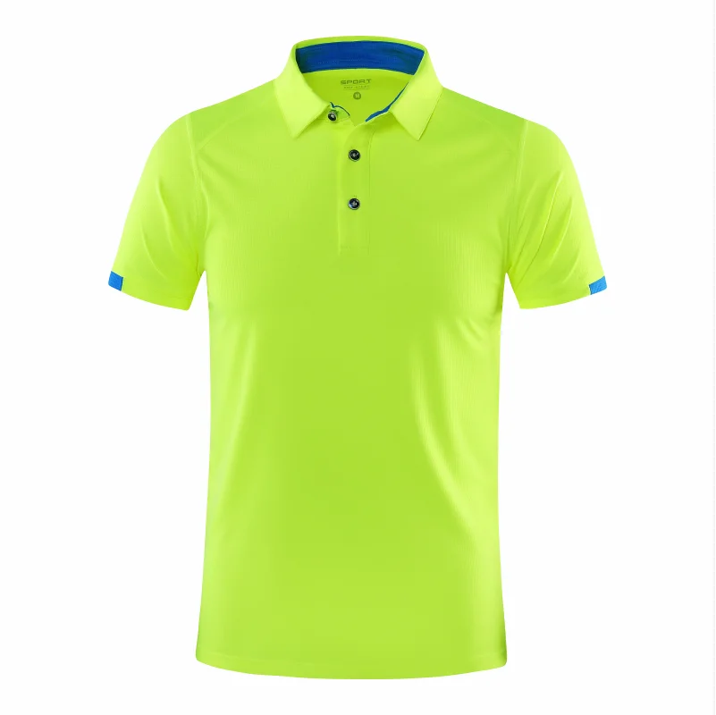 The Ten Essentials Custom Quick-Dry Polo Shirt is a lime green, moisture-wicking polyester polo with a collar and short sleeves. It features blue accents, a three-button placket, and subtle textured fabric perfect for outdoor sports and teamwear.