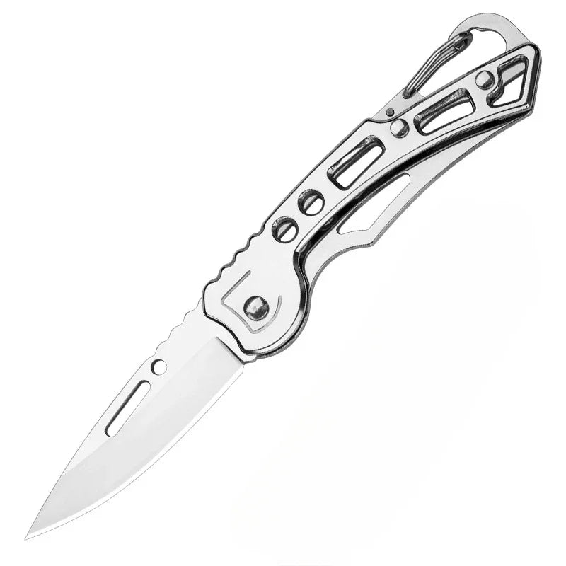 The Ten Essentials Folding Stainless Steel Pocket Knife is a portable survival tool featuring a cut-out design stainless steel handle with a carabiner clip and a sharp carbon steel blade.