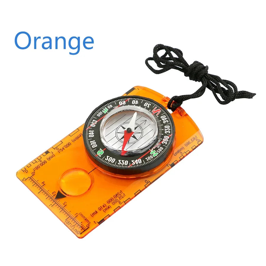 The Ten Essentials Waterproof Hiking & Camping Compass is a high-precision navigation tool featuring an orange rectangular base, black lanyard, and a black directional dial with green, red, and white markings. The blue Orange text at the top left corner adds style to this professional survival navigation tool.
