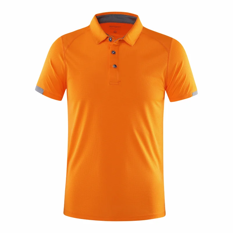 The Ten Essentials Custom Quick-Dry Polo Shirt, in orange, is a unisex outdoor sports shirt with short sleeves, gray-edged accents, and a three-button collar. Made of moisture-wicking polyester with a textured white pattern backdrop, its ideal for active pursuits.