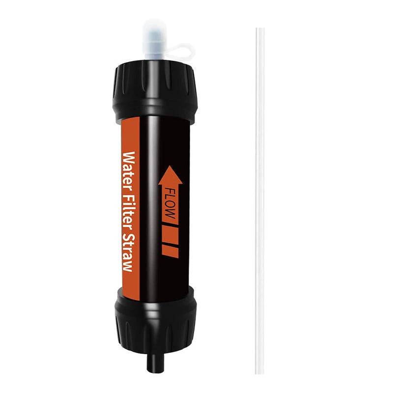 The Ten Essentials Filterwell Mini Straw Filter is labeled with black and orange, displaying the water flow direction. Perfect for drinking, its an essential tool for outdoor activities or emergency preparedness.