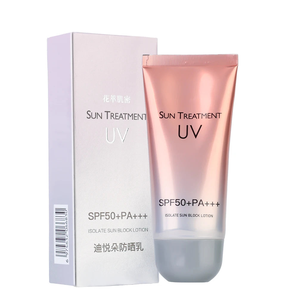 A tube of Ten Essentials SPF 50+ Lasting Sunscreen Cream provides moisturizing and whitening benefits. Its metallic pink color complements the white box adorned with bilingual English and Chinese text.