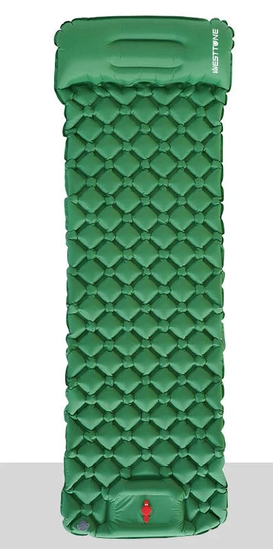 The Ten Essentials Ultralight Inflatable Camping Sleeping Pad in military green features a built-in foot pump and travel pillow. It unfolds to 190cm x 58cm, packs down to 27cm x 10cm, and weighs just 590g. Made from durable waterproof material, it has a textured quilted surface with a bottom inflation valve.