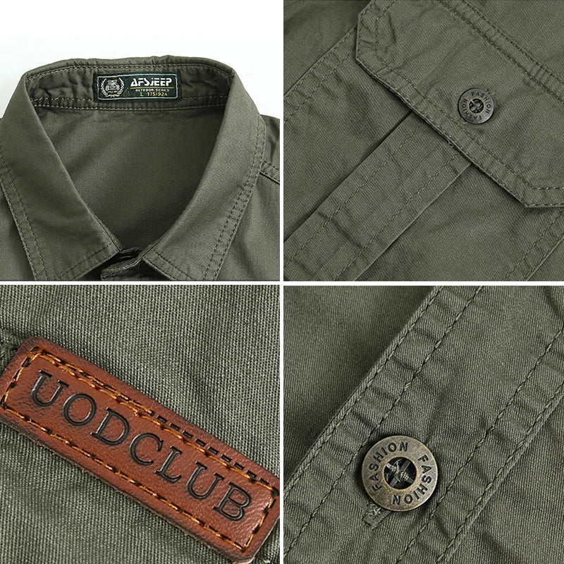 Collage of the Ten Essentials Men’s Quick-Dry Tactical Shirt in green: close-up views include a collar label, buttoned flap pocket, stitched leather tag UODCLUB, and a FASHION engraved button. This durable military-inspired piece features breathable cotton fabric.