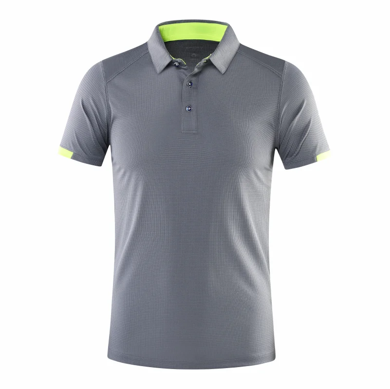 The Ten Essentials Custom Quick-Dry Polo Shirt is a gray, unisex outdoor sportswear with short sleeves, lime green collar and sleeve accents, moisture-wicking polyester material, subtle patterning, and a three-button placket. Displayed against a white background.