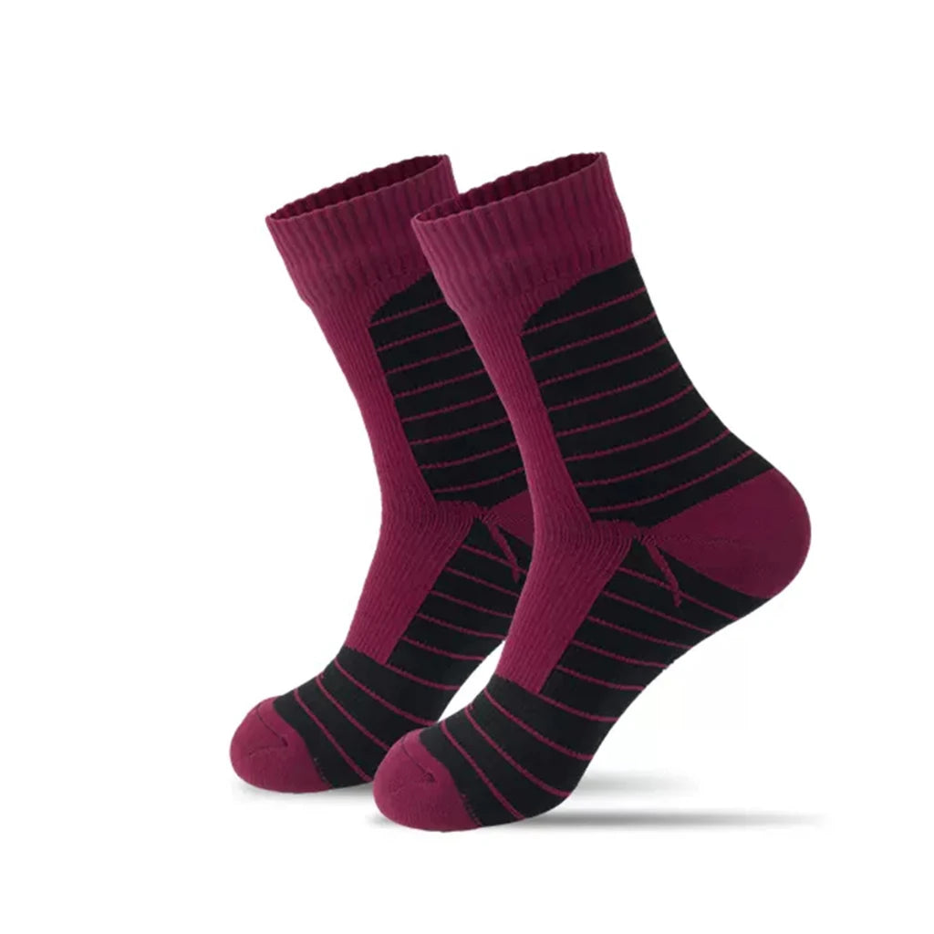 Ten Essentials Waterproof Outdoor Sports Socks feature a black base with thin red stripes and dark red cuffs, heels, and toes. Perfect for hiking and skiing, these warm, breathable socks stand upright against a white background.
