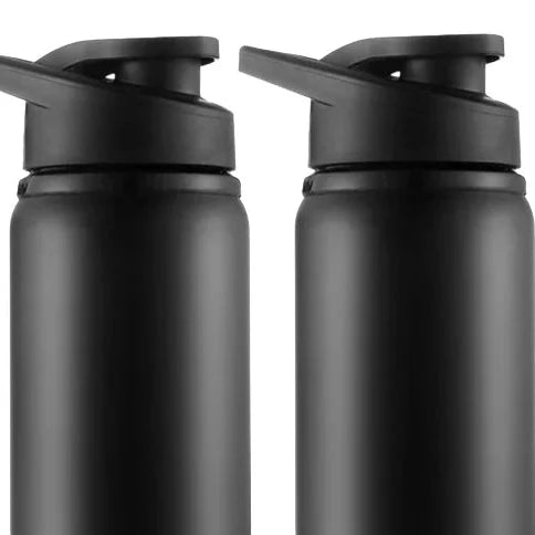 Two Ten Essentials Portable Stainless Steel Water Bottles, 700ml each with flip-top lids, are shown against a white background. The left one is labeled BLACK 2PCS. Ideal for outdoor sports enthusiasts seeking a dependable, reusable flask.