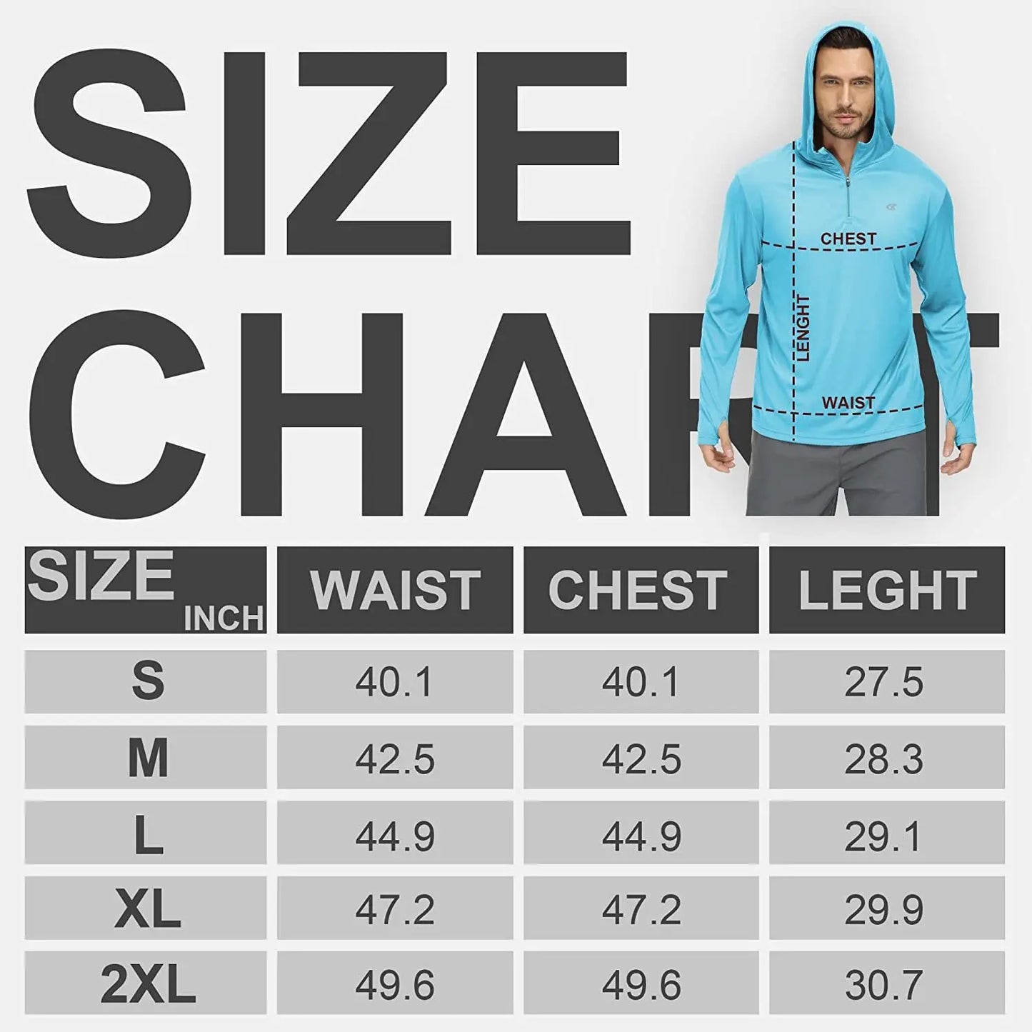 The image shows a size chart for the Ten Essentials UPF 50+ Long Sleeve Hoodie, highlighting waist, chest, and length in inches for sizes S to 2XL. A model wears a blue hoodie with lines indicating fit and its quick-dry, moisture-wicking fabric ideal for fishing and hiking.