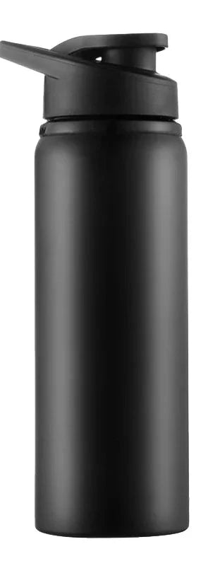 The Ten Essentials Portable Stainless Steel Water Bottle stands upright, featuring a matte black finish and flip-top lid. With BLACK 1PC on the left, this 700ml Sport & Travel Flask combines style and convenience, perfect for outdoor sports.