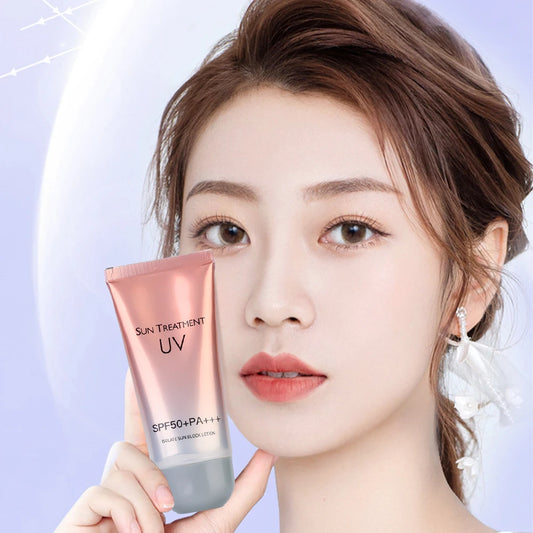A person holds a tube of Ten Essentials SPF 50+ Lasting Sunscreen Cream–Moisturizing & Whitening Sunblock near their face, set against a soft purple gradient. With earrings on and a serene expression, they radiate confidence in the broad-spectrum protection it provides.