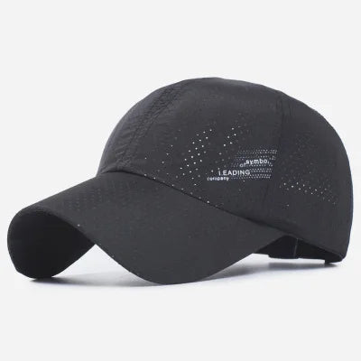 The Ten Essentials Quick-Dry Outdoor Sports Baseball Cap in black features breathable mesh, small perforations for ventilation, a slightly curved brim, and an adjustable strap. It provides sun protection and has a minimal design with white text on the front.