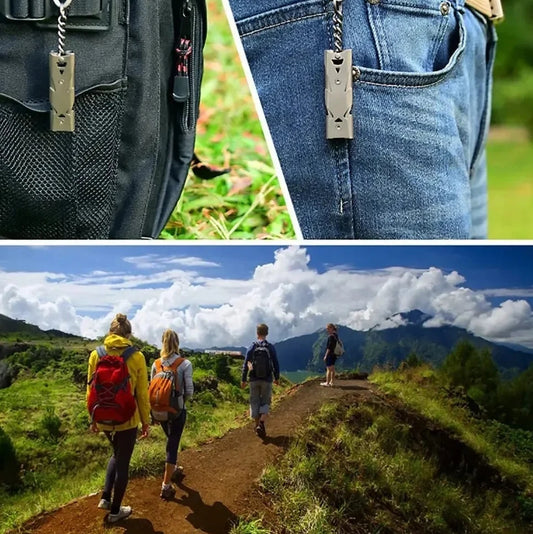 A collage of images highlights the Ten Essentials High-Decibel Double Pipe Survival Whistle, featuring a 150db volume, unique dual-tube design, and stainless construction. Bottom images show it attached to a backpack and hikers on a mountainous journey.