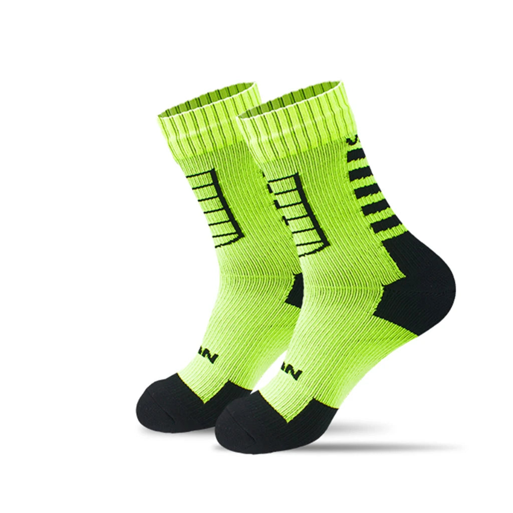 The neon green Ten Essentials Waterproof Outdoor Sports Socks have black accents, ribbed cuffs, and stripes with a pattern near the toes. They stand upright against a white background.