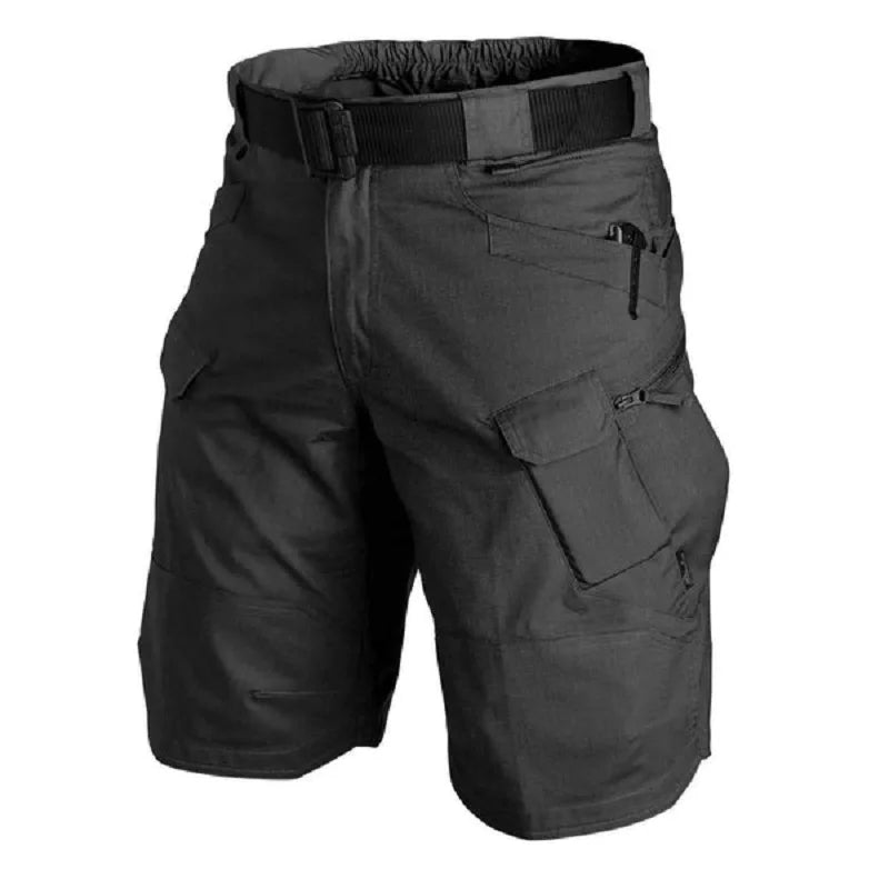 Ten Essentials Men’s Tactical Cargo Shorts are waterproof, multi-pocket shorts perfect for hiking and camping. They come in black with zippered and velcro pockets, a black belt, reinforced stitching, and an elastic waistband for lightweight comfort and style.
