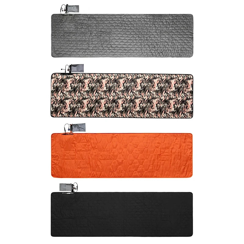 Four rectangular tech pouches are shown vertically: a gray with a geometric pattern, an earthy camo, bright orange quilted design, and plain black. Each easily attaches to the Ten Essentials USB Heated Sleeping Bag Pad – Adjustable 3-Level Heating Camping Mat for enhanced comfort and fast heating.