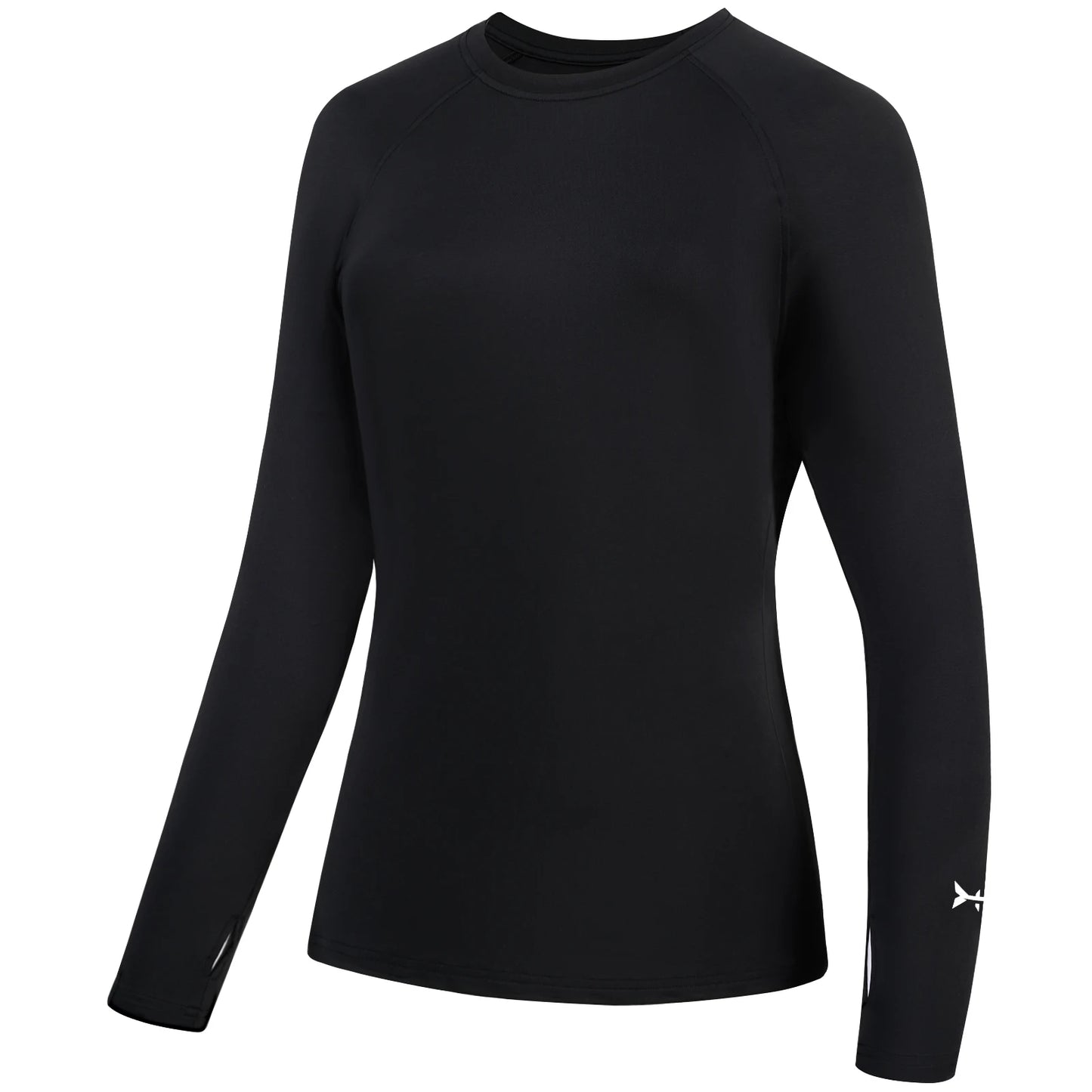 The Bassdash Womens UPF 50+ Long Sleeve Performance Shirt by Ten Essentials is black, with a crew neckline and 4-way stretch fabric. It includes sleeve thumbholes, a small white logo near the left wrist, and offers a smooth, fitted design for comfort during any activity. Ideal for sun protection while fishing or hiking.