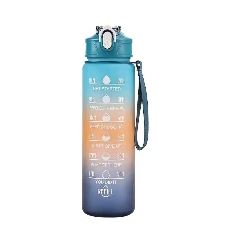 The Ten Essentials Sports Water Bottle offers motivational time markers from 8 AM to 9 PM with quotes like Get Started and Keep Chugging. It features a leak-proof flip-top lid, time-tracking straw, blue-gradient design, and carrying strap to keep you inspired throughout the day. Capacity: 750-800ML.