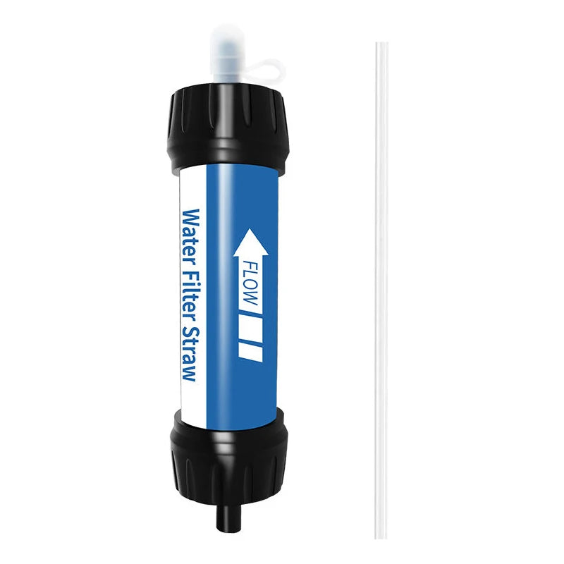 Image of the Ten Essentials Filterwell Mini Travel Straw Water Purifier, featuring black end caps and a white tube. Labeled Water Filter Straw with a blue label and flow direction arrow, its ideal for emergency preparedness, hiking, camping, or outdoor use.