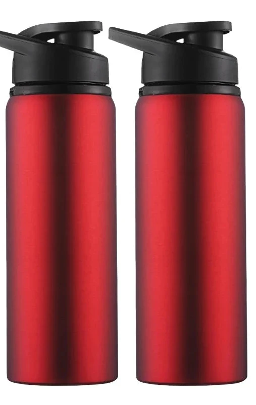 Two Ten Essentials 700ml stainless steel water bottles with black flip-top lids are shown side by side. Ideal for outdoor sports, these portable, reusable flasks come in a red box labeled RED 2PCS with white text.